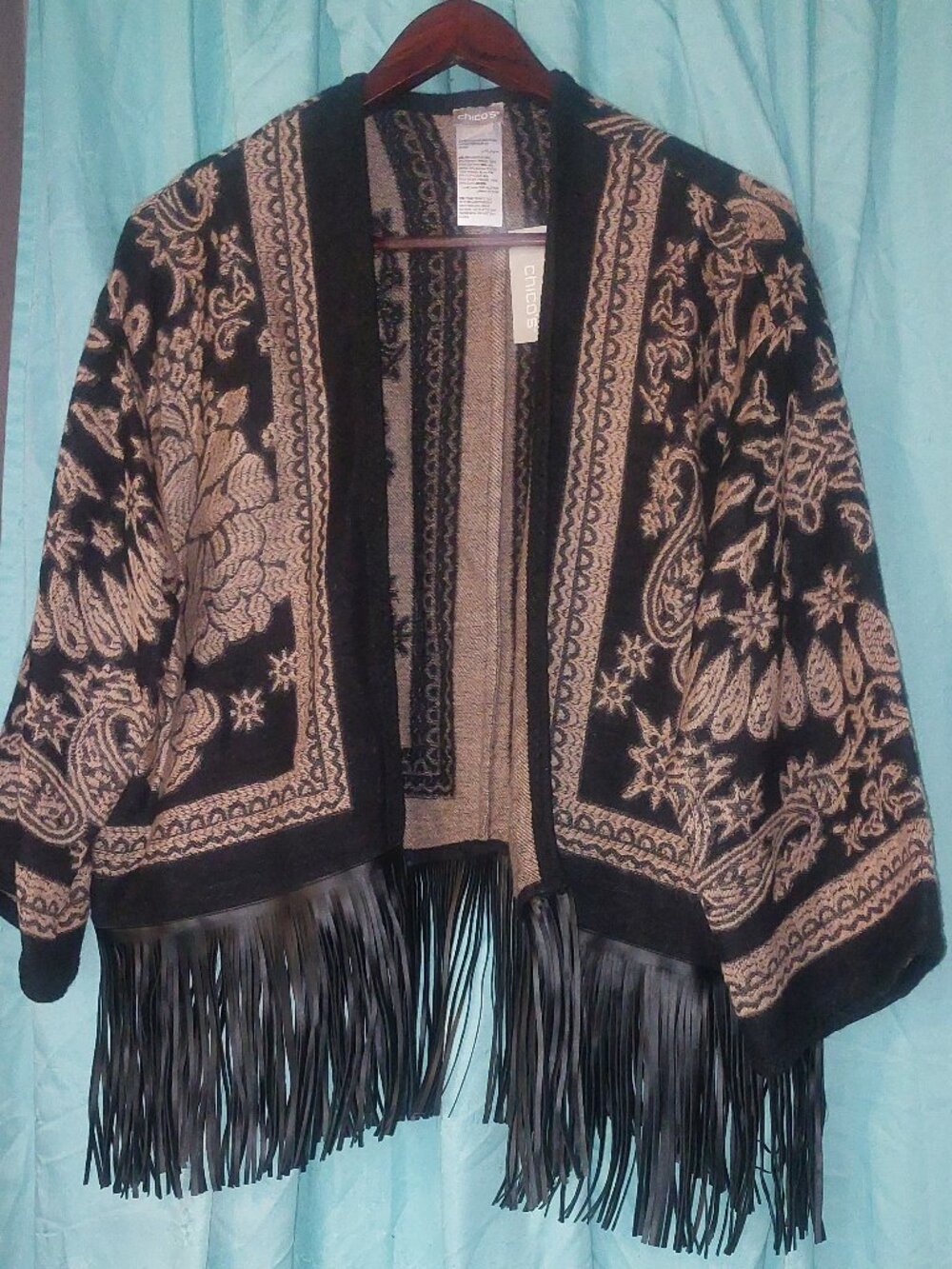 Chico's Floral Vegan Leather Fringe Ruana Size S/M